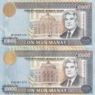 Turkmenistan, 10.000 Manat, 1999, XF, p12a, (Total 2 banknotes)
Serial Number: AK5565726, AU8481373
Estimate: 10-20