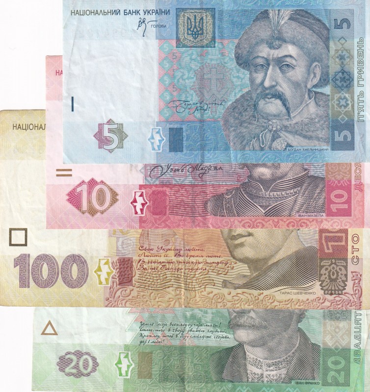 Ukraine, 5-10-20-100 Hryven, VF, p118b; p119Aa; p120b; p122a, (Total 4 banknotes...