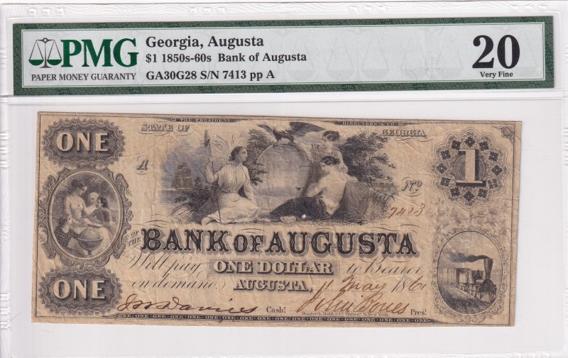 Confederate States of America, 1 Dollar, 1850s/1860s, VF,
PMG 20, Georgia, Augu...