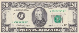 United States of America, 20 Dollars, 1988, UNC, p483
Repeater
Serial Number: L 45454545 F
Estimate: 250-500