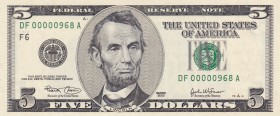 United States of America, 5 Dollars, 2003, UNC, p517a
Low Serial Number
Serial Number: DF 00000968 A
Estimate: 75-150