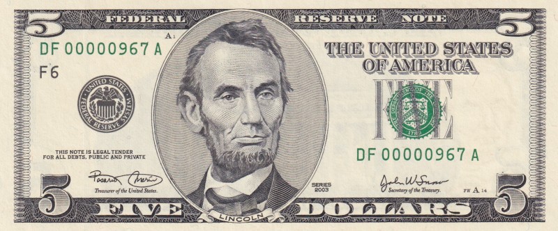 United States of America, 5 Dollars, 2003, UNC, p517a
Low Serial Number
Serial...