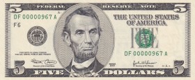 United States of America, 5 Dollars, 2003, UNC, p517a
Low Serial Number
Serial Number: DF 0000967 A
Estimate: 75-150