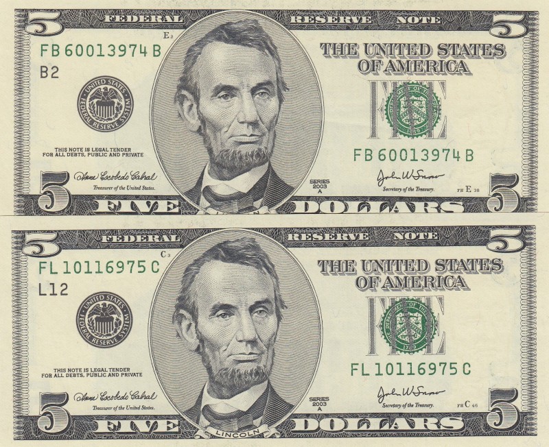 United States of America, 5 Dollars, 2003, p517b, (Total 2 consecutive banknotes...