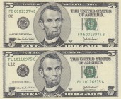 United States of America, 5 Dollars, 2003, p517b, (Total 2 consecutive banknotes)
FB 60013974 B, AUNC; FL 10116975 C, UNC
Estimate: 15-30