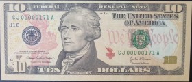 United States of America, 10 Dollars, 2004, UNC, p520, Low serial Number
Serial Number: GJ 00000171 A
Estimate: 100-200