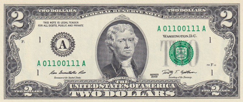 United States of America, 2 Dollars, 2009, UNC, p530A
Serial Number: A01100111 ...