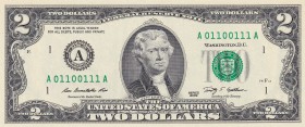 United States of America, 2 Dollars, 2009, UNC, p530A
Serial Number: A01100111 A
Estimate: 50-100