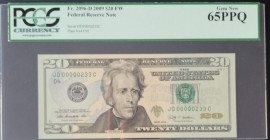 United States of America, 20 Dollars, 2009, UNC, p541
PCGS 65 PPQ
Serial Number: JD 00000233 C
Estimate: 100-200