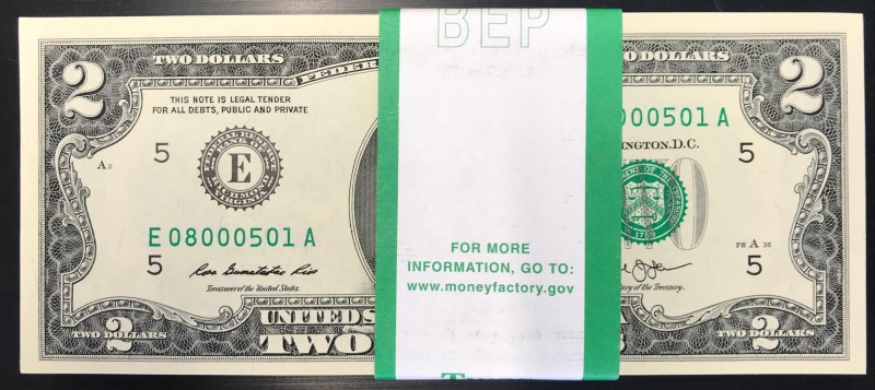 United States of America, 2 Dollars, 2013, UNC, BUNDLE
Low Serial Number
Estim...