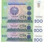 Uzbekistan, 200 Sum, 1997, UNC(-), p80, (Total 3 banknotes)
Nice serial numbers
Serial Number: CG001001; CG0011000; CG0010100
Estimate: 20-40