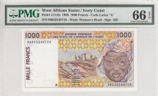 West African States, 1.000 Francs, 1998, UNC, p111ah
PMG 66 EPQ
Serial Number: 98032248710
Estimate: 30-60