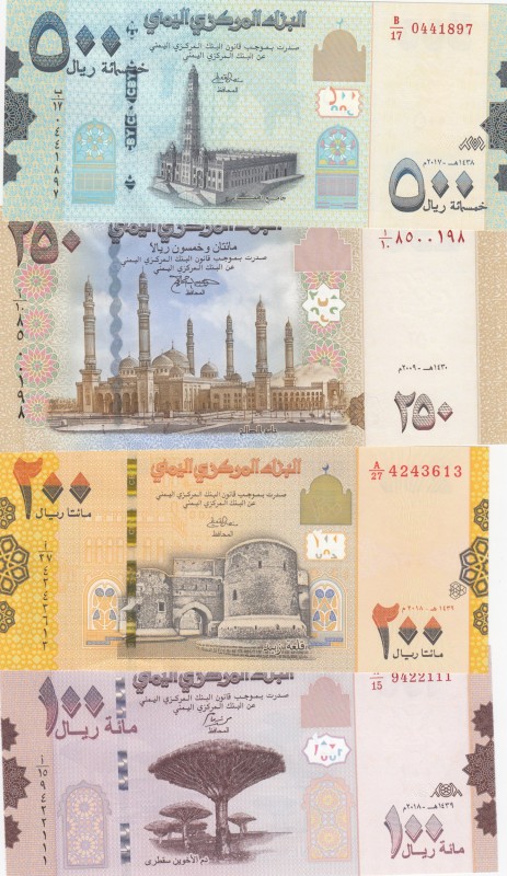 Yemen Arab Republic, 100-200-250-500 Rials, UNC, (Total 4 banknotes)
100 Rials,...