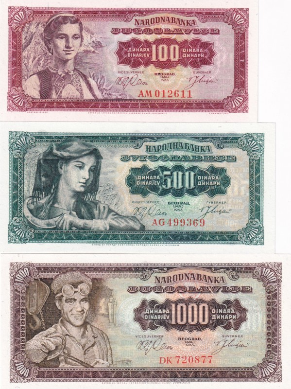 Yugoslavia, 100-500-1.000 Dinara, 1963, UNC, p73; p74; p75, (Total 3 banknotes)...