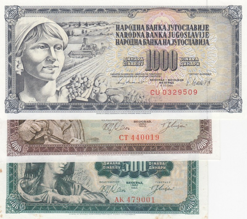 Yugoslavia, 500-1.000-1.000 Dinara, (Total 3 banknotes)
500 Dinara, 1963, p74, ...