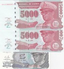 Zaire, 5-5.000-5.000 Nouveaux Zaires, 1993/1995, UNC, p48; p69, (Total 3 banknotes)
Serial Number: K 1016912 A, DA2166929 U, DA 2166928 U
Estimate: ...