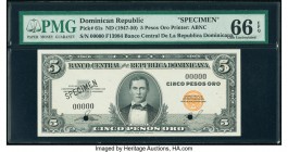Dominican Republic Banco Central de la Republica Dominicana 5 Pesos Oro ND (1947) Pick 61s Specimen PMG Gem Uncirculated 66 EPQ. Pencil annotation; bl...