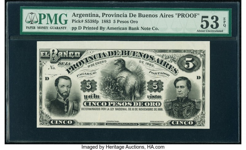 Argentina Provincia de Buenos Aires 5 Pesos Oro 19.1.1883 Pick S538fp Front Proo...