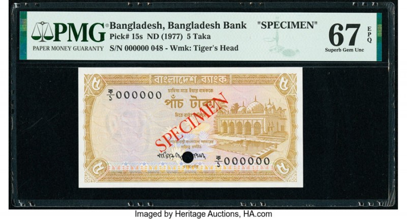 Bangladesh Bangladesh Bank 5 Taka ND (1977) Pick 15s Specimen PMG Superb Gem Unc...
