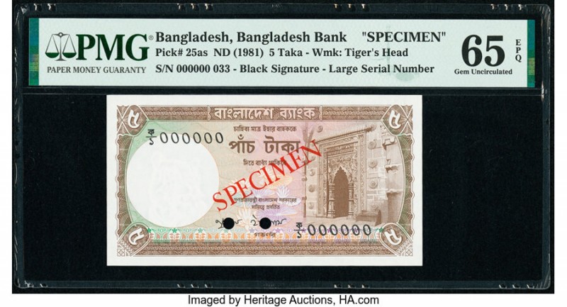 Bangladesh Bangladesh Bank 5 Taka ND (1981) Pick 25as Specimen PMG Gem Uncircula...
