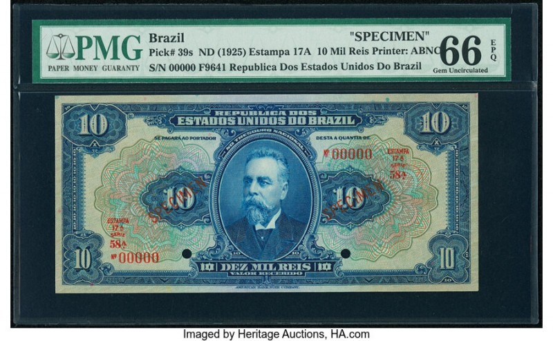 Brazil Thesouro Nacional 10 Mil Reis ND (1925) Pick 39s Specimen PMG Gem Uncircu...