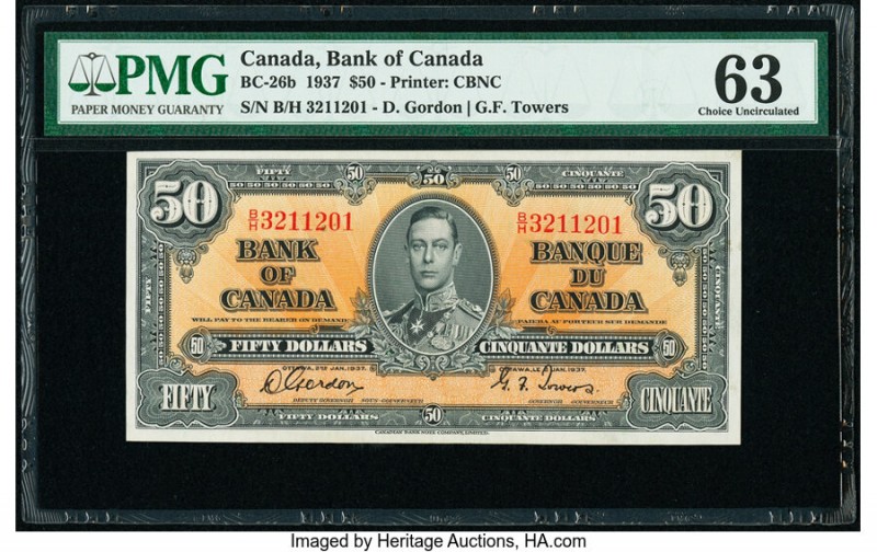 Canada Bank of Canada $50 2.1.1937 Pick 63b BC-26b PMG Choice Uncirculated 63. 
...
