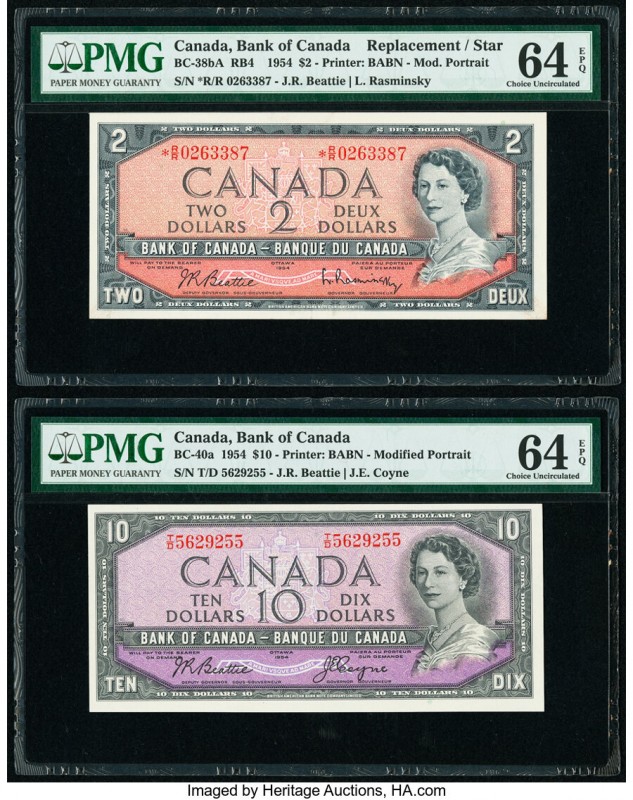 Canada Bank of Canada $2; 10 1954 BC-38bA; BC-40a Two Examples Issued; Replaceme...