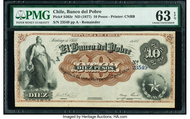 Chile Banco del Pobre 10 Pesos ND (1877) Pick S363r Remainder PMG Choice Uncircu...