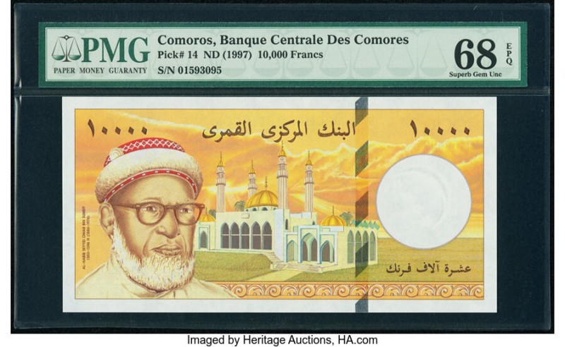 Comoros Banque Centrale Des Comores 10,000 Francs ND (1997) Pick 14 PMG Superb G...