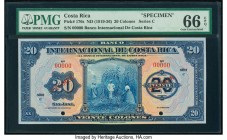 Costa Rica Banco Internacional de Costa Rica 20 Colones ND (1919-36) Pick 176s Specimen PMG Gem Uncirculated 66 EPQ. Red Specimen overprints; two POCs...