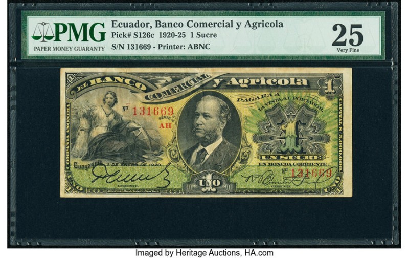 Ecuador Banco Comercial y Agricola 1 Sucre 1.1.1920 Pick S126c PMG Very Fine 25....