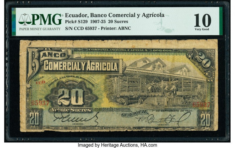 Ecuador Banco Comercial y Agricola 20 Sucres 1.9.1920 Pick S129 PMG Very Good 10...