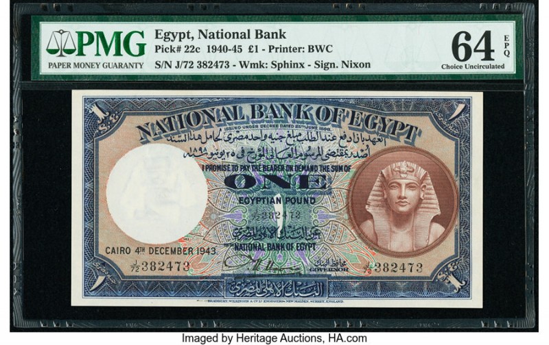 Egypt National Bank of Egypt 1 Pound 4.12.1943 Pick 22c PMG Choice Uncirculated ...