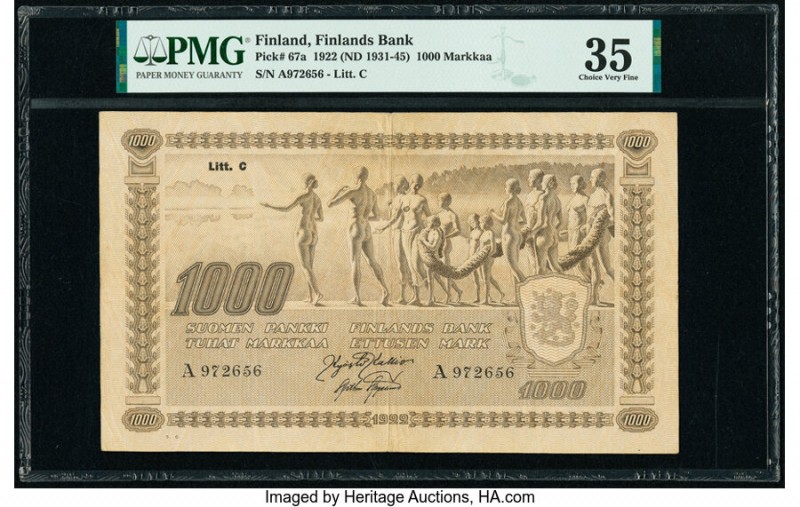 Finland Finlands Bank 1000 Markkaa 1922 (ND 1931-45) Pick 67a PMG Choice Very Fi...