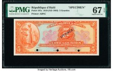 Haiti Banque Nationale de la Republique d'Haiti 5 Gourdes 1919 (ND 1964) Pick 187s Specimen PMG Superb Gem Unc 67 EPQ. Cancelled with 3 punch holes. 
...