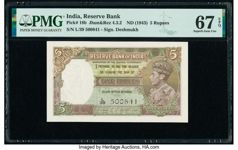 India Reserve Bank of India 5 Rupees ND (1943) Pick 18b Jhun4.3.2 PMG Superb Gem...