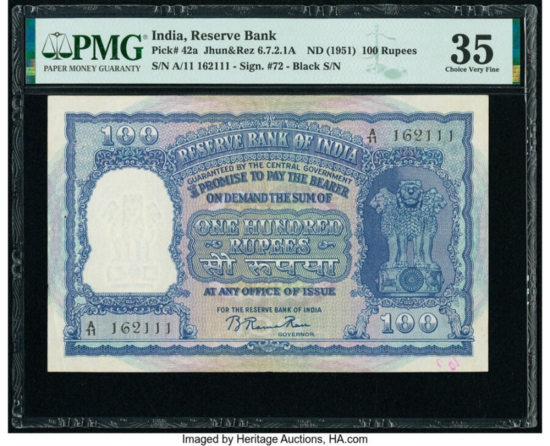 India Reserve Bank of India 100 Rupees ND (1951) Pick 42a Jhun6.7.2.1A PMG Choic...