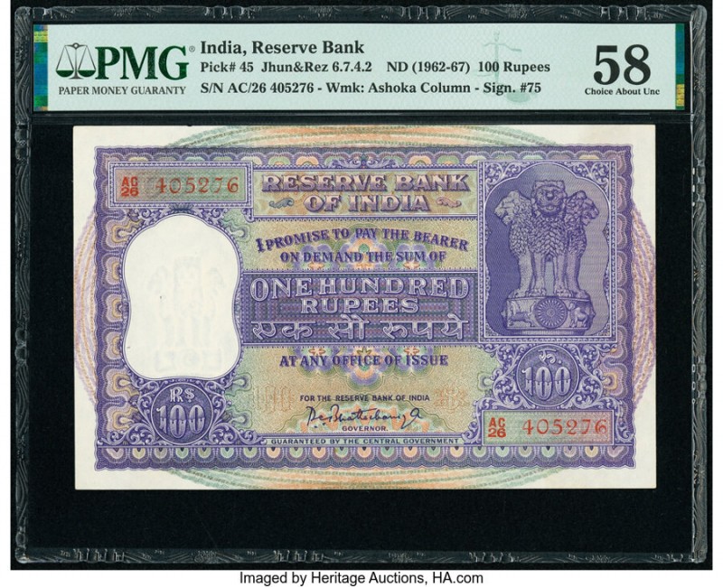 India Reserve Bank of India 100 Rupees ND (1962-67) Pick 45 Jhun6.7.4.2 PMG Choi...