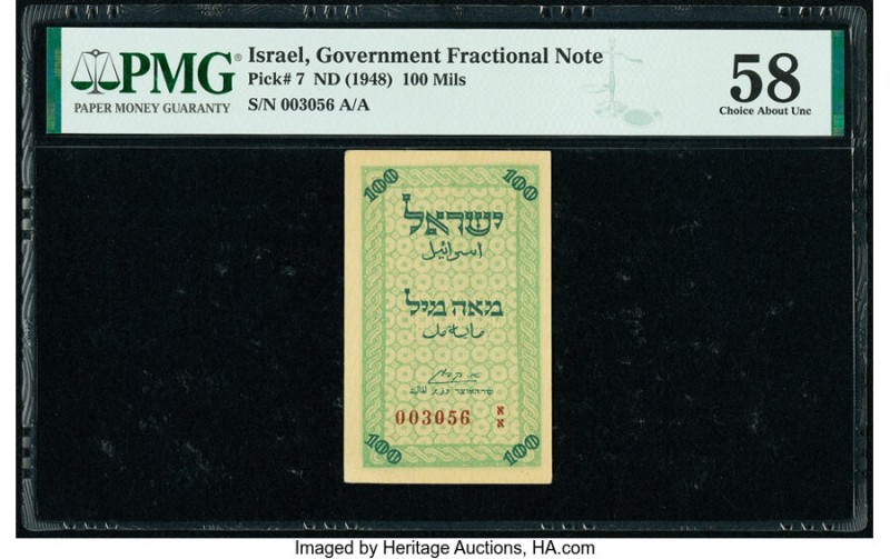 Israel Israel Government 100 Mils ND (1948) Pick 7 PMG Choice About Unc 58. 

HI...