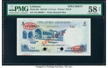 Lebanon Banque de Syrie et du Liban 5 Livres 1952-64 Pick 56s Specimen PMG Choice About Unc 58 Net. Red Specimen & TDLR overprints; two POCs; previous...