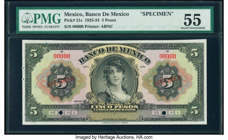 Mexico Banco de Mexico 5 Pesos ND (1925-34) Pick 21s Specimen PMG About Uncircul...