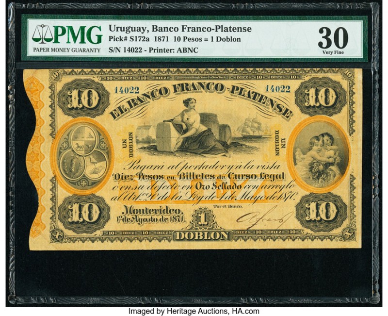 Uruguay Banco Franco-Platense 10 Pesos = 1 Doblon 1.8.1871 Pick S172a PMG Very F...