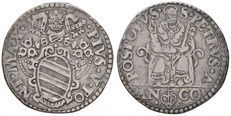 Ancona. Pio V (1566-1572). Testone AG gr. 9,34. Muntoni 32. Berman 1105. Dubbini...
