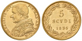 Bologna. Gregorio XVI (1831-1846). Da 5 scudi 1835 anno V AV. Pagani 137. Chimienti 1280. q.FDC/Migliore di SPL