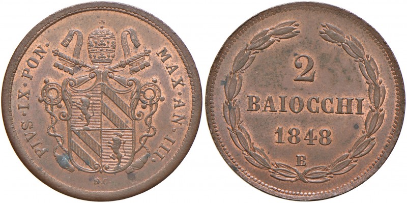 Bologna. Pio IX (1846-1878). Da 2 baiocchi 1848 anno III CU. Pagani 250. Chimien...