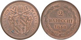 Bologna. Pio IX (1846-1878). Da 2 baiocchi 1848 anno III CU. Pagani 250. Chimienti 1409. Raro. Tracce di rame rosso, SPL