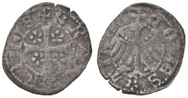 Merano. Federico IV conte (1406-1439). Quattrino MI gr. 0,59. CNTM cfr. 552b, ma tre punti sull’ala araldica sia d. che s. Molto raro. BB