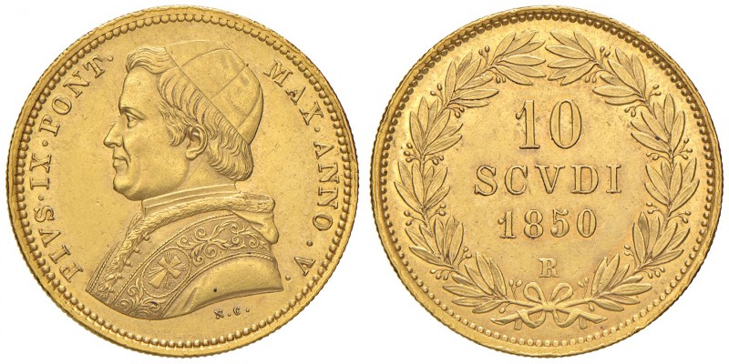 Roma. Pio IX (1846-1878). Da 10 scudi 1850 anno V AV. Pagani 348. Rara. SPL