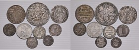 Stato Pontificio. Lotto di nove monete. Alessandro VI (1492-1503). Grosso AG (forato). Clemente X (1670-1676). Grosso anno santo 1675 AG. Mezzo grosso...