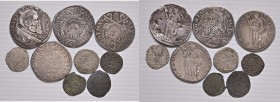Stato Pontificio. Lotto di nove monete. Sisto V (1585-1590). Roma. Testone (4) AG. Baiocco MI. Ancona. Quattrino MI. Fano. Baiocco MI. Montalto. Baioc...